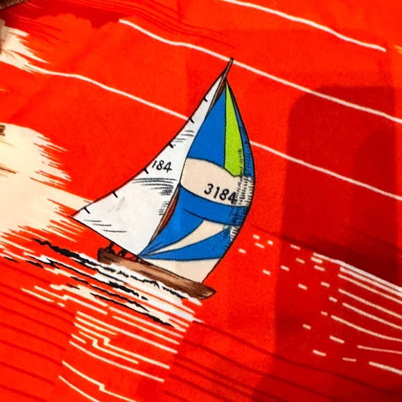 Vintage 70s Made in Hawaii Red Sunset Palms Sailboat Hawaiian Shirt. - Picture 5 of 5